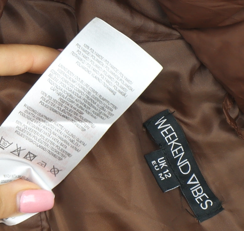 Weekend Vibes Women Brown Long Puffer Coat UK 12 Hooded Full Zip