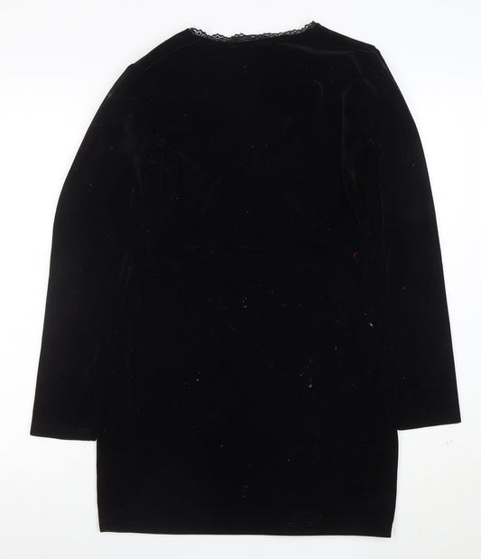 Model Women Black Velvet Lace V-Neck Long Sleeve Bodycon Dress L