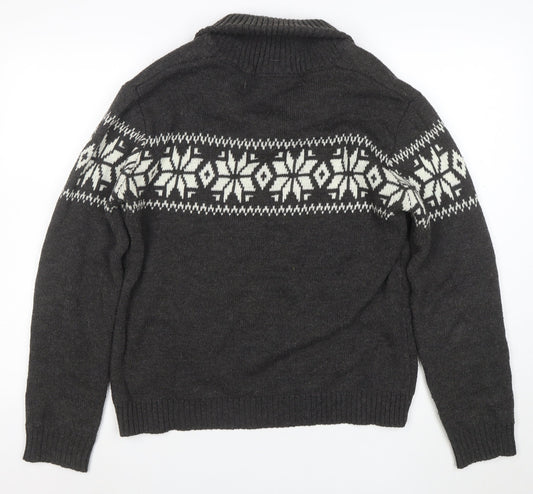 Tao Nu Cha Pin Womens Grey Fair Isle Wool Blend Shawl Collar Jumper XL