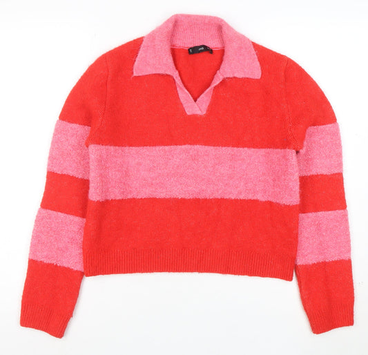 Mango Womens Red Pink Striped Collared Wool Blend Pullover Jumper Size 10