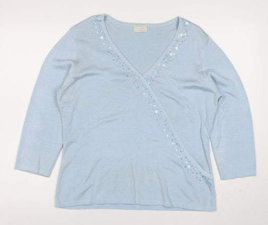 Portafina Women Blue Sequin Wrap Knit 3/4 Sleeve Blouse Size 18