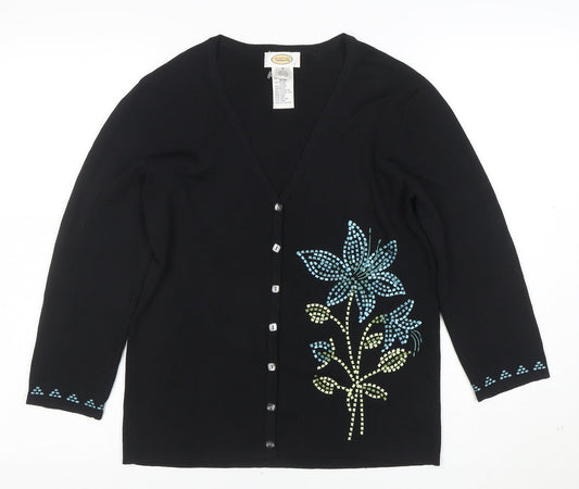 Talbots Women's Black Floral V-Neck Cardigan M 3/4 Sleeve Knit