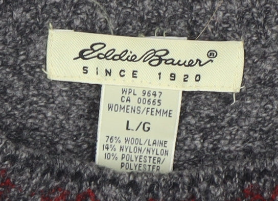 Eddie Bauer Womens Grey Red Fair Isle Wool Jumper Size L Winter Knit