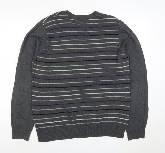 Emanuele Ungaro Men’s Grey Striped V-Neck Cotton Jumper Size L