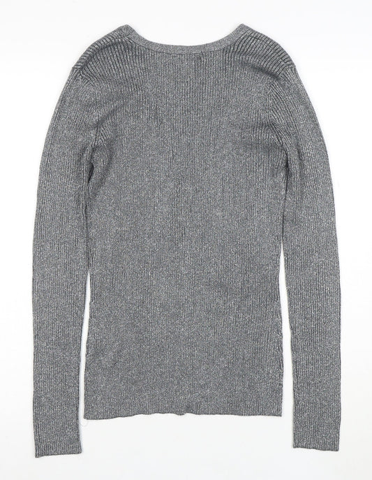Pure Alfred Sung Women Grey Metallic Cardigan M V-Neck Button Ribbed Knit