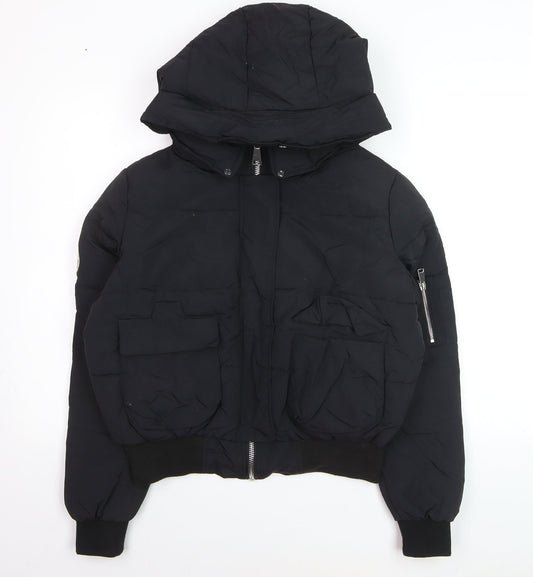 Boohoo Women's Black Hooded Puffer Jacket Size 8
