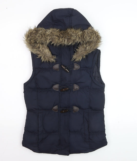 Denim Co. Women’s Blue Hooded Faux Fur Trim Padded Waistcoat Size 8