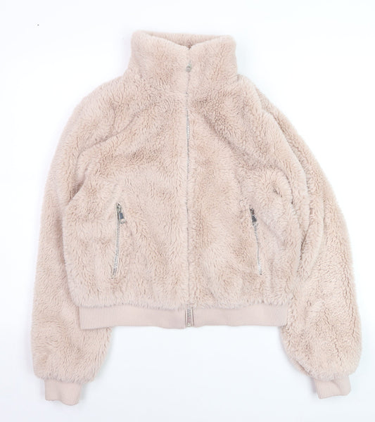 Pull & Bear Women Beige Faux Fur Zip Short Jacket Size 12