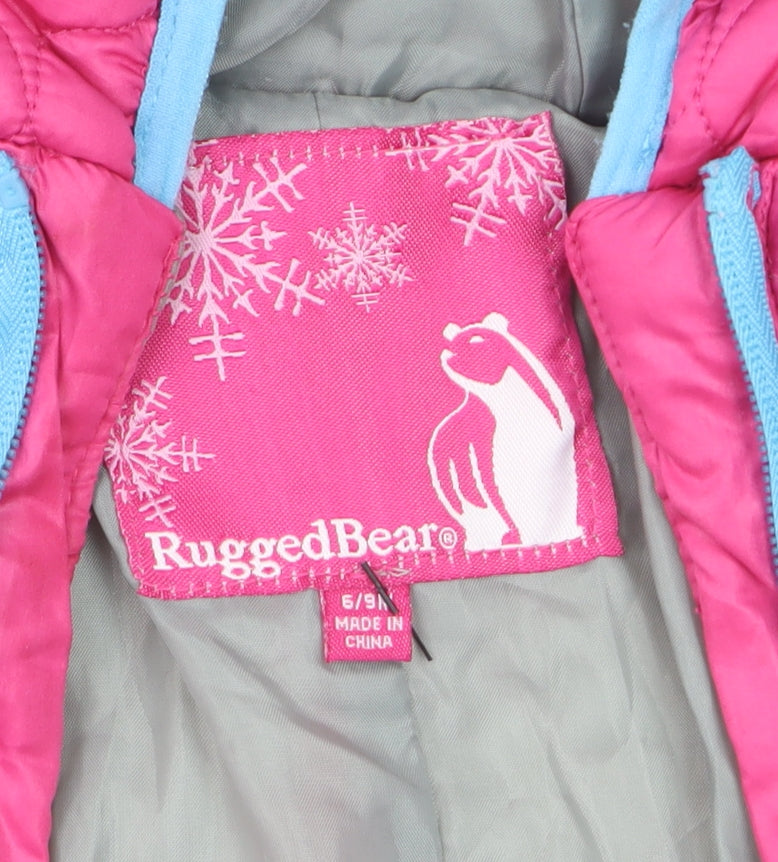 Brand and care label for Rugged Bear unisex baby pink quilted hooded puffer snowsuit 6–9 months