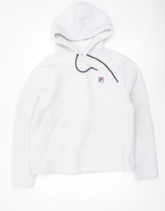 Fila Women White Fleece Pullover Hoodie Size M Relaxed Fit