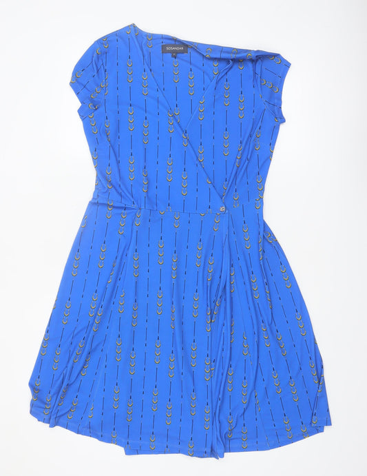 Sonsandar Women Blue Size 12 Wrap Dress Short Sleeve V-Neck