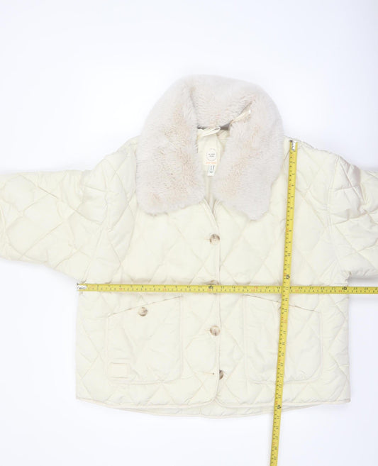 River Island Women Ivory Quilted Faux Fur Collar Jacket Size 14