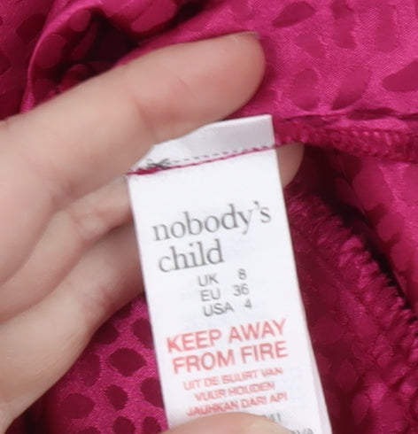 Brand and care label for Nobody's Child Women's Pink Wrap Dress, size 8, Satin Short Sleeve