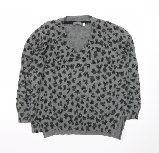 Mint Velvet Women’s Grey Leopard Print Wool Cashmere V-Neck Jumper Size S