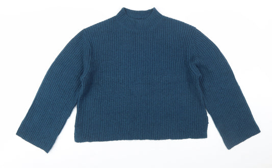 AND/OR Womens Blue Mock Neck Chunky-Knit Wool Blend Jumper M