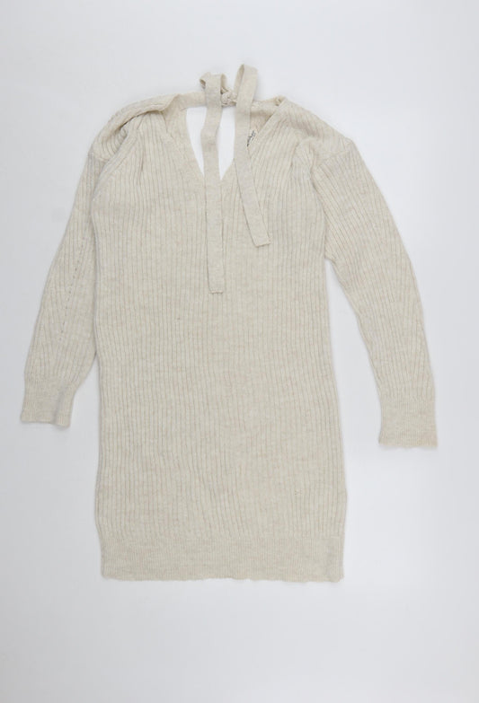Additional front view of Miss Selfridge Women Beige Knit Jumper Dress, size 10, V-Neck Long Sleeve