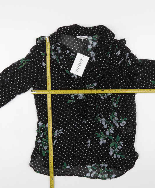 Ganni Women’s Black Floral Polka Dot Wrap Blouse Size 8