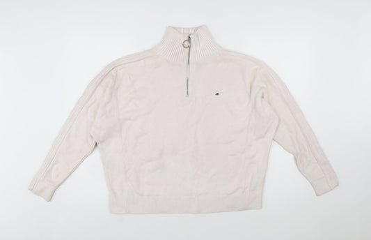 Tommy Hilfiger Women Ivory 1/4 Zip High Neck Cotton Jumper S