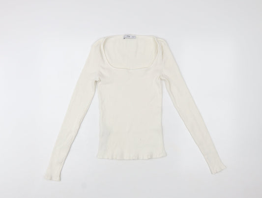 Mango Women Ivory Long Sleeve Square Neck Slim Fit Top M