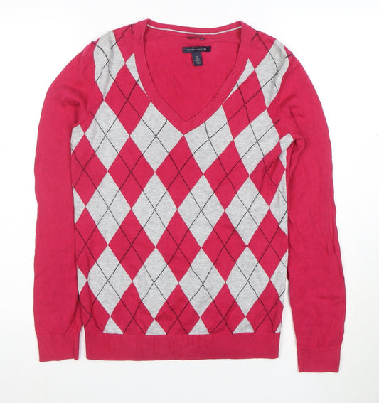 Tommy Hilfiger Womens Red Argyle V-Neck Jumper Size S 100% Cotton