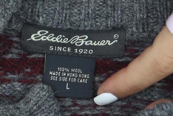 Eddie Bauer Mens Grey Wool Fair Isle Henley Jumper Size L