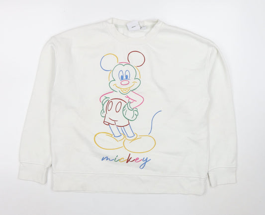 Front view of Disney Women’s White Mickey Mouse Sweatshirt, size S, Crew Neck Pullover