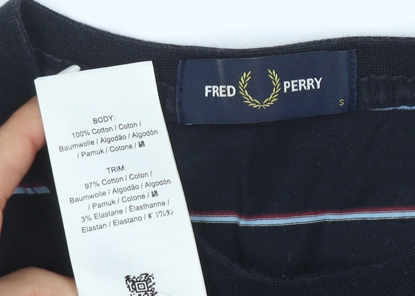 Fred Perry Men's Blue Striped Cotton Crew Neck T-Shirt Size S