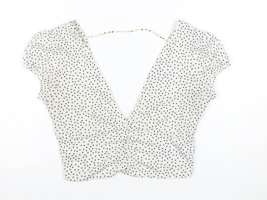 Bershka Women’s White Polka Dot Cropped V-Neck Blouse Size S