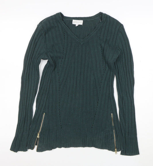 Apricot Women’s Green V-Neck Ribbed Knit Long Sleeve Jumper Size S