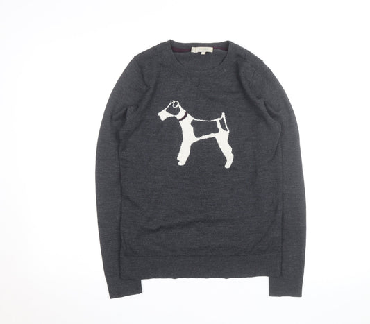Additional front view of Hobbs Grey Wool Dog Motif Crew Neck Men's jumper, size S