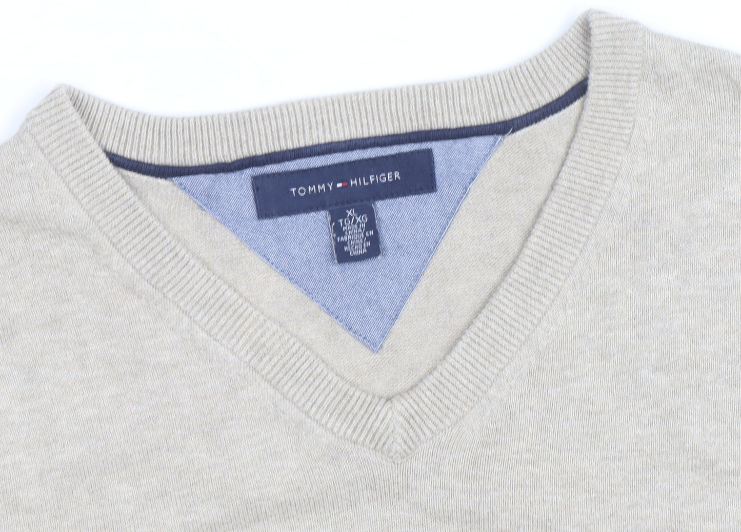 Tommy Hilfiger Men Beige XL V-Neck Cotton Silk Cashmere Jumper