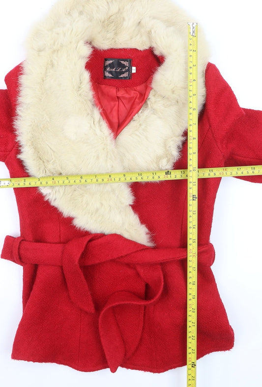 Rich L.A Womens Red Wool Blend Faux Fur Trim Belted Coat Size S
