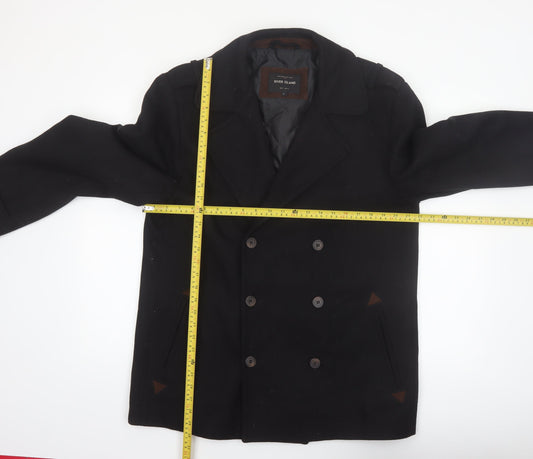 River Island Men's Black Wool Pea Coat L Classic Winter Jacket