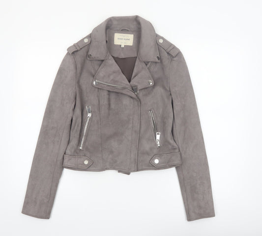 River Island Women's Grey Suede Biker Jacket Size 10 Slim Fit