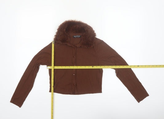Select Girl Brown Faux Fur Collar Button-Up Long Sleeve Blouse 14 Years