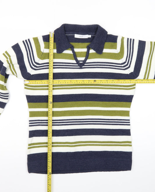 Isle Women Blue Green Striped Collared Pullover Jumper Size S 10-12