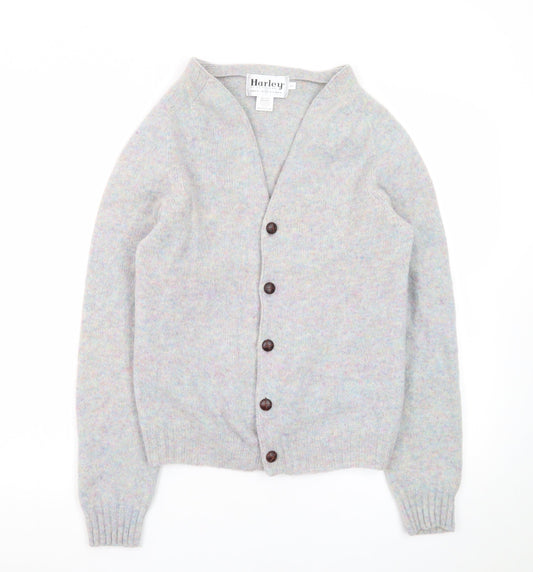 Harley of Scotland Women Grey Wool Cardigan L V-Neck Knit