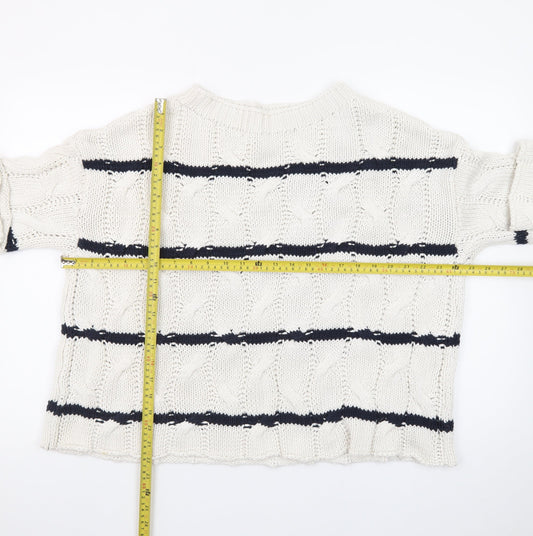 Zara Women Ivory Navy Striped Cable-Knit Cotton Jumper Size S