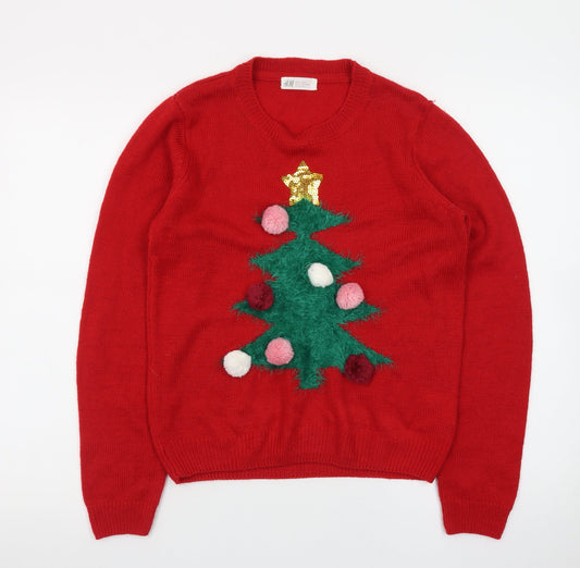 Additional front view of H&M Teens Red Christmas Tree Jumper Acrylic Knit Size 14Y+