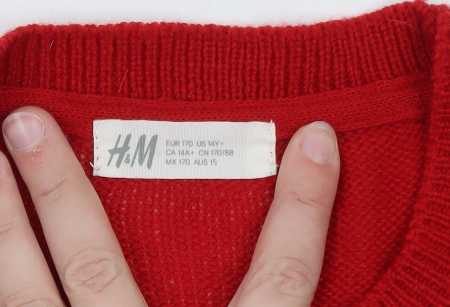 Additional view of H&M Teens Red Christmas Tree Jumper Acrylic Knit Size 14Y+