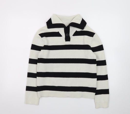 Additional front view of Zara Teens Black White Striped Collared Henley Knit Jumper XS