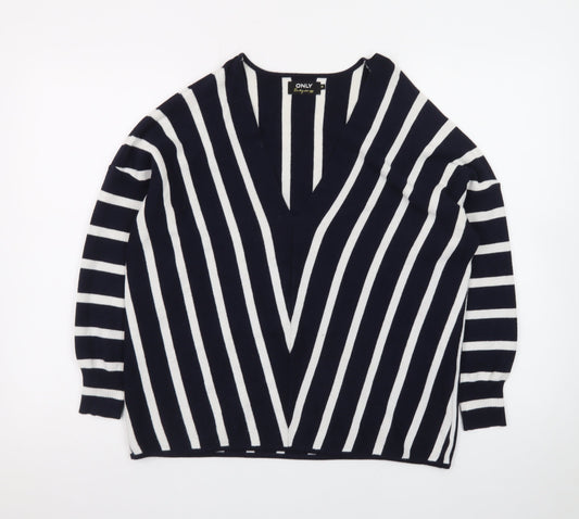 ONLY Women's Navy Blue Striped V-Neck Knit Jumper Size M
