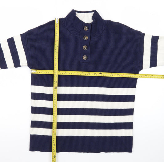 Crew Clothing Women’s Blue Striped Henley Mock Neck Jumper Size 10