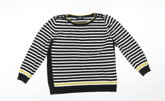 Wallis Women's Black Striped Button Shoulder Boat Neck Jumper Size 16