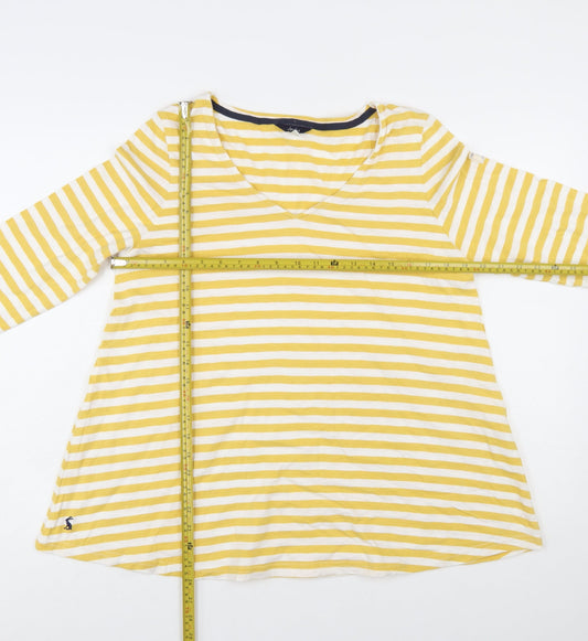 Joules Women Yellow White Striped Cotton Long Sleeve V-Neck Top UK 12