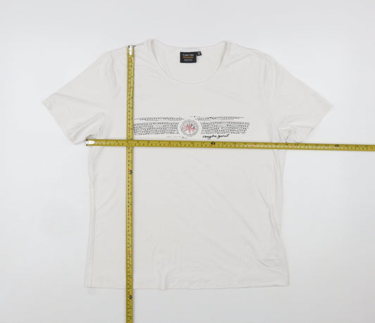 Canyon Women White Rhinestone Logo Short Sleeve Stretch T-Shirt Size 10