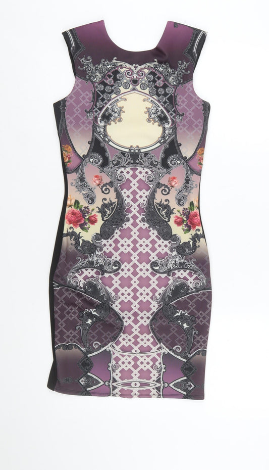 Additional front view of Miss Selfridge Women Purple Bodycon Dress, size 8, Baroque Print Zip Back
