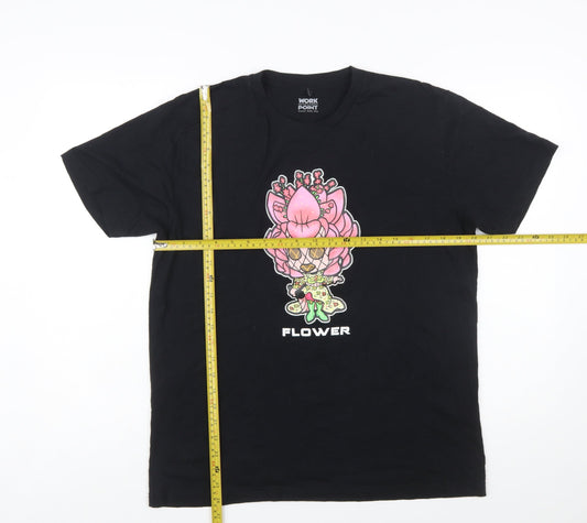 Workpoint Entertainment Women’s Black Flower Cartoon Print T-Shirt Size L