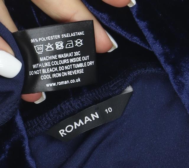 Brand and care label for Roman Women Blue, size 10, Velvet Cowl Neck Long Sleeve Shift Dress
