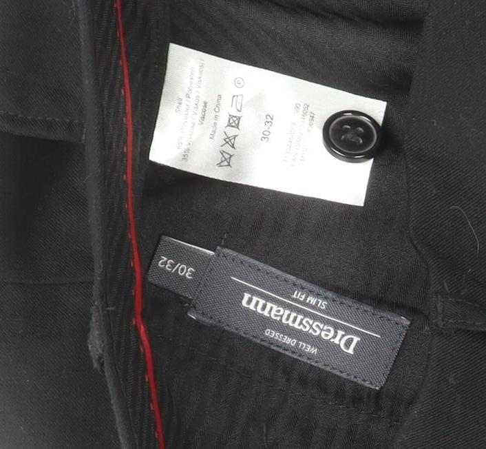 Brand and care label for Dressmann Slim Fit Black Dress Pants 30x32 unisex adults trousers